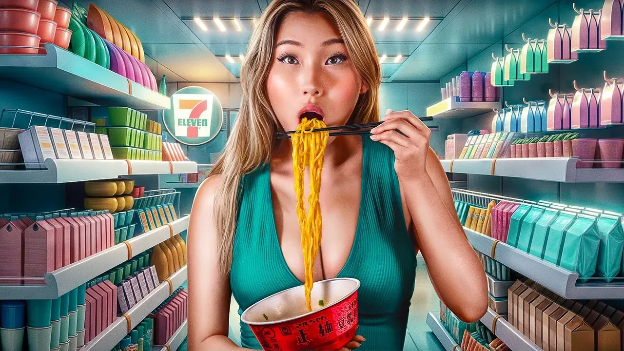 I Ate Just From Japanese Convenience Stores for 24 Hours — YouTube thumbnail design for Lillie Nue